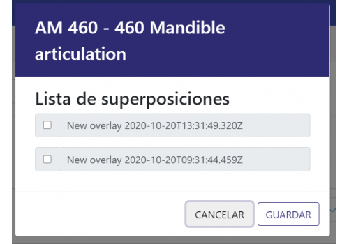 Listado de superposiciones disponibles para el caso de Superposición Craneofacial