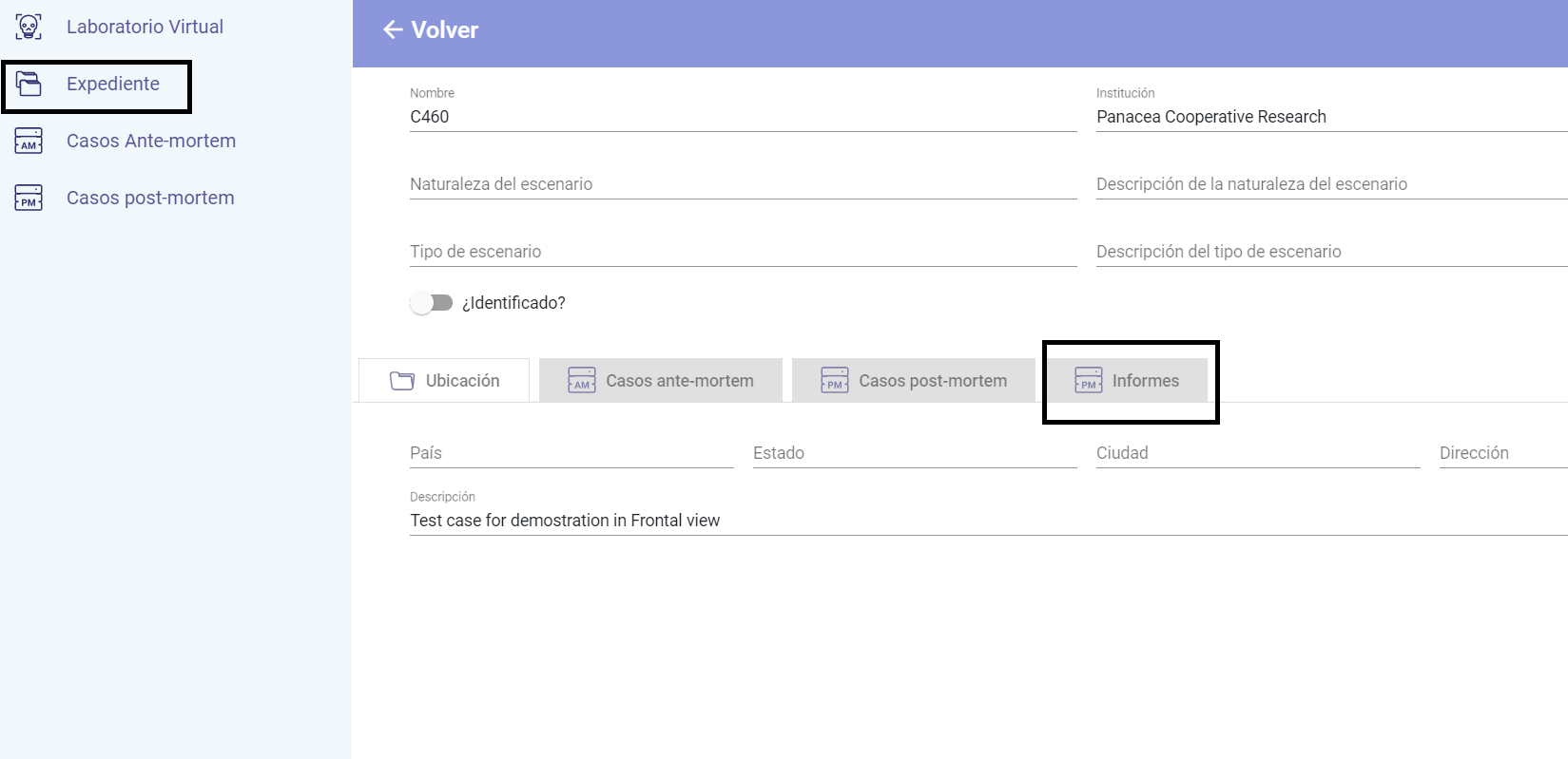 Ventana correspondiente a un expediente donde se muestra la pestaña de informes